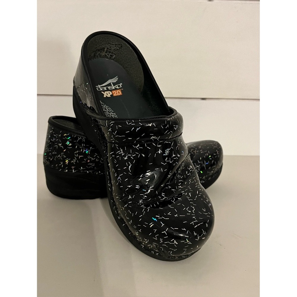 Dansko XP 2.0 Black Patent Holographic Confetti Clogs Size 37